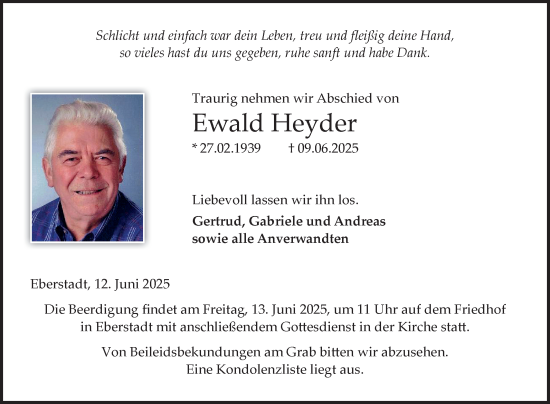 Traueranzeige von Ewald Heyder von Fränkische Nachrichten