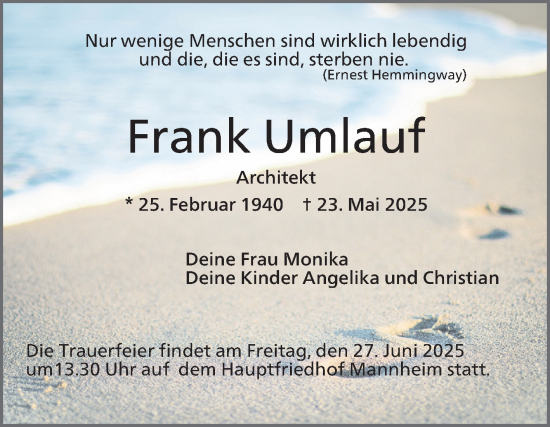 Traueranzeige von Frank Umlauf von Mannheimer Morgen