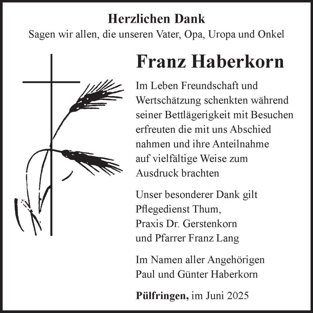  Traueranzeige für Franz Haberkorn vom 11.06.2025 aus Fränkische Nachrichten