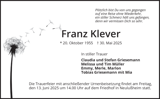 Traueranzeige von Franz Klever von Schwetzinger Zeitung