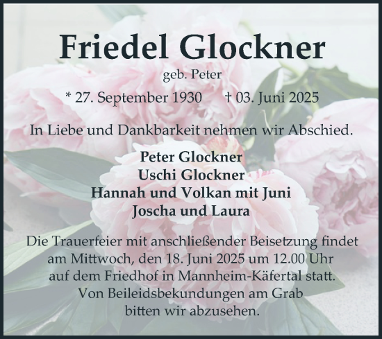 Traueranzeige von Friedel Glockner von Mannheimer Morgen