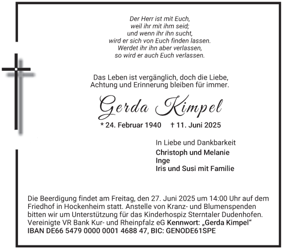 Traueranzeige von Gerda Kimpel von Mannheimer Morgen