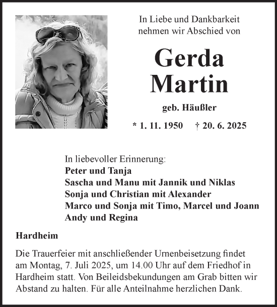 Traueranzeige von Gerda Martin von Fränkische Nachrichten