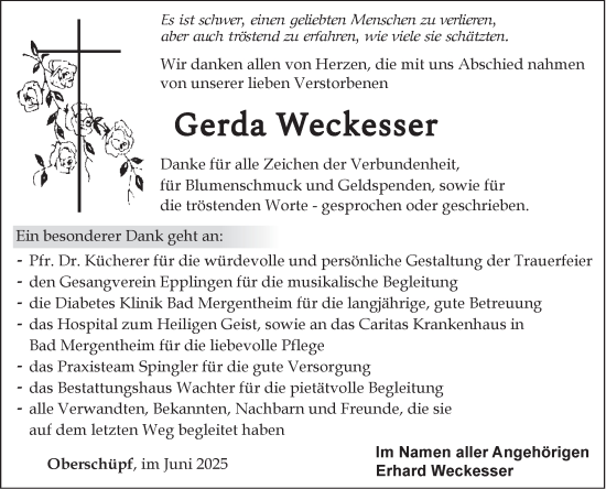 Traueranzeige von Gerda Weckesser von Fränkische Nachrichten