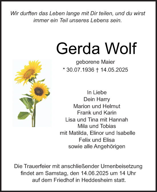 Traueranzeige von Gerda Wolf von Mannheimer Morgen