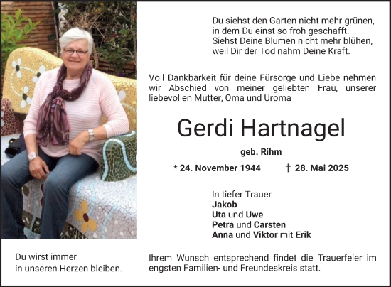 Traueranzeige von Gerdi Hartnagel von Bergsträßer Anzeiger