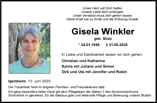 Traueranzeige von Gisela Winkler von Fränkische Nachrichten