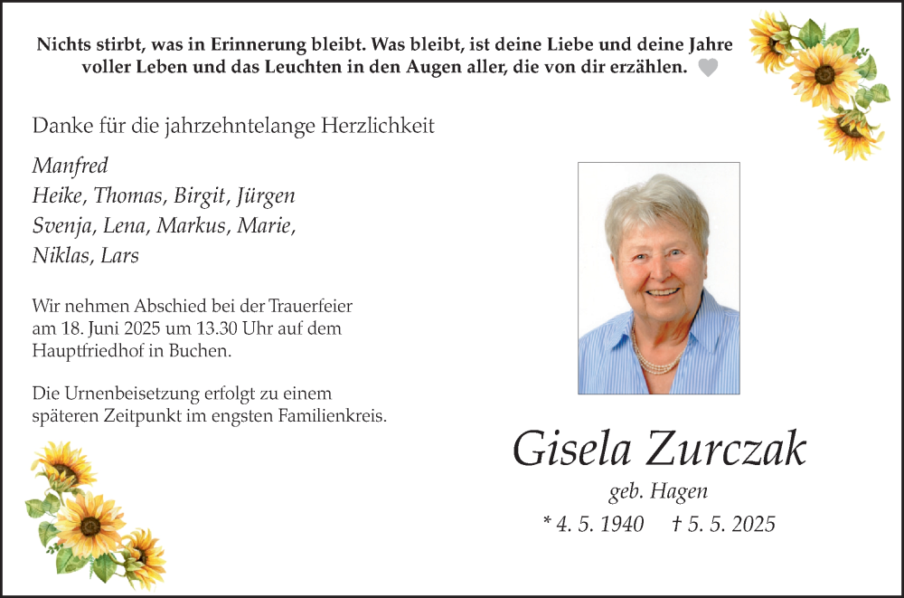  Traueranzeige für Gisela Zurczak vom 11.06.2025 aus Fränkische Nachrichten