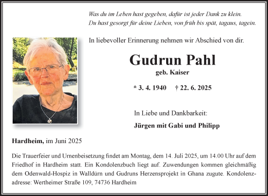 Traueranzeige von Gudrun Pahl von Fränkische Nachrichten