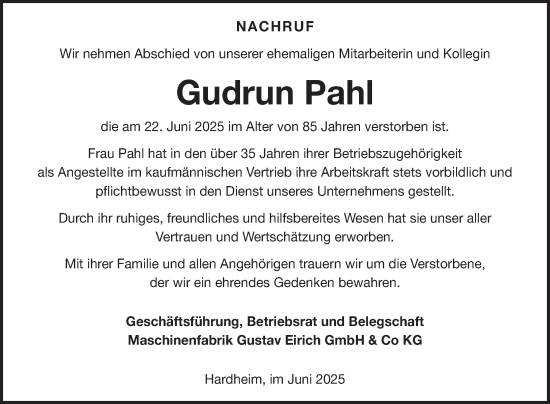 Traueranzeige von Gudrun Pahl von Fränkische Nachrichten