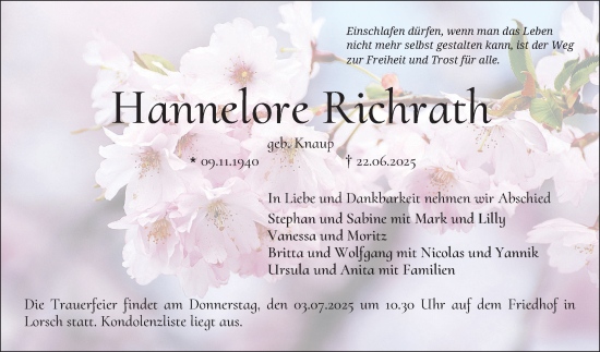 Traueranzeige von Hannelore Richrath von Bergsträßer Anzeiger