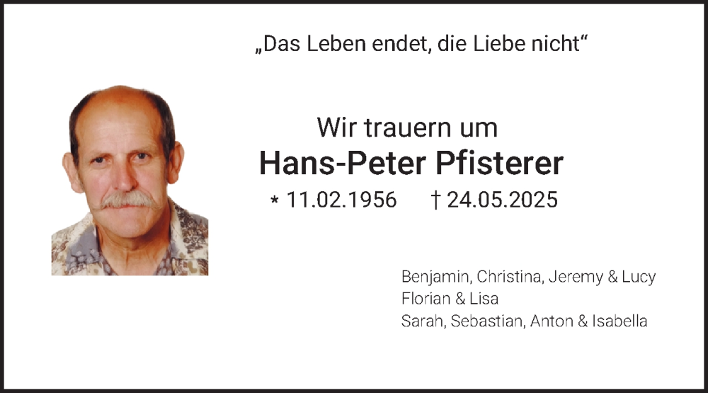  Traueranzeige für Hans-Peter Pfisterer vom 11.06.2025 aus Fränkische Nachrichten