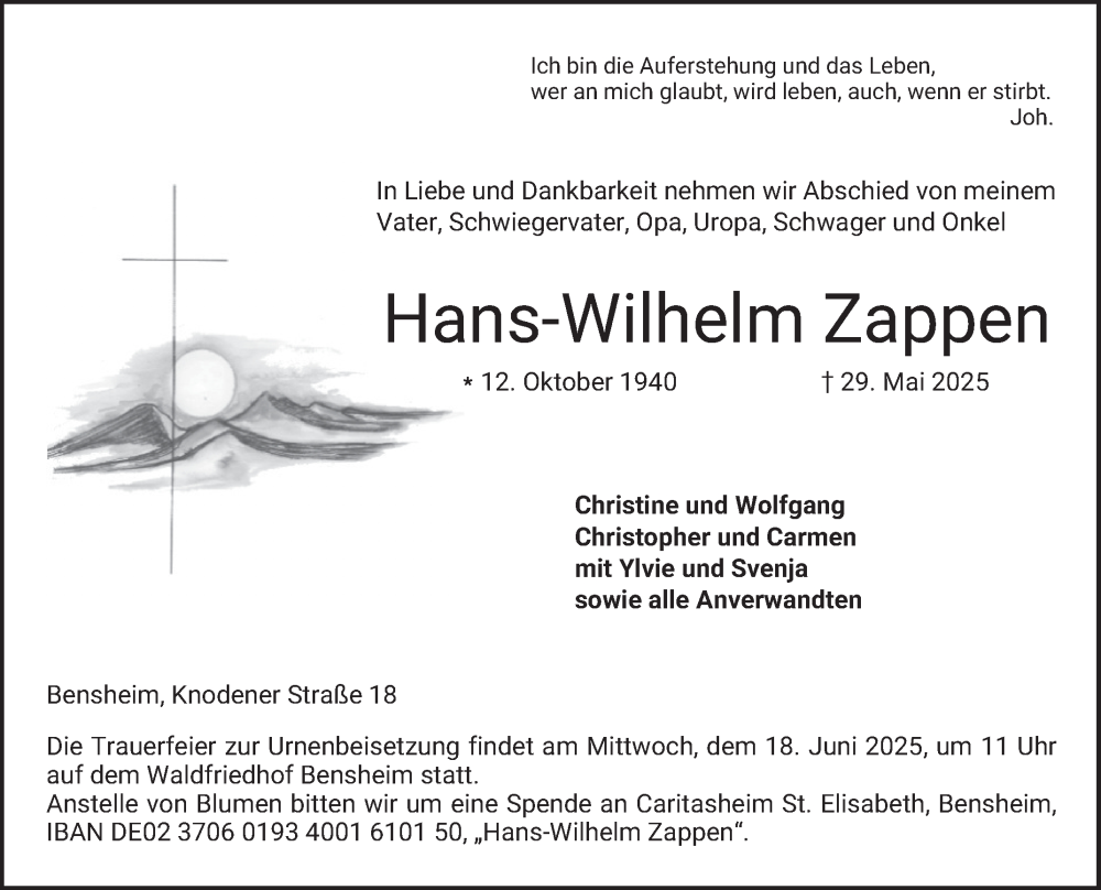  Traueranzeige für Hans-Wilhelm Zappen vom 14.06.2025 aus Bergsträßer Anzeiger