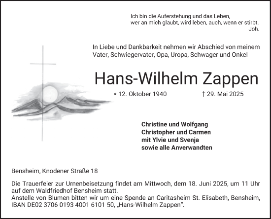 Traueranzeige von Hans-Wilhelm Zappen von Bergsträßer Anzeiger
