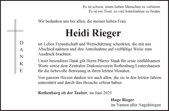 Traueranzeige von Heidi Rieger von Fränkische Nachrichten