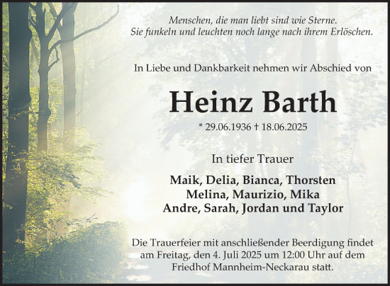 Traueranzeige von Heinz Barth von Mannheimer Morgen