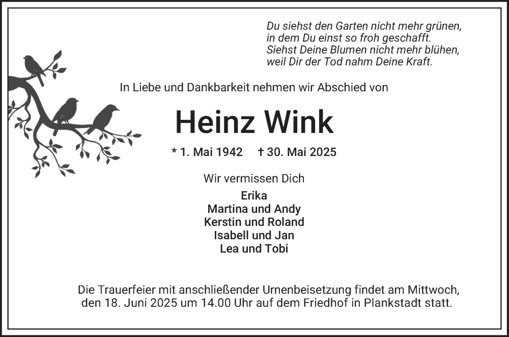  Traueranzeige für Heinz Wink vom 14.06.2025 aus Schwetzinger Zeitung