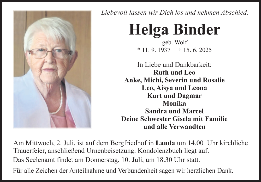  Traueranzeige für Helga Binder vom 26.06.2025 aus Fränkische Nachrichten