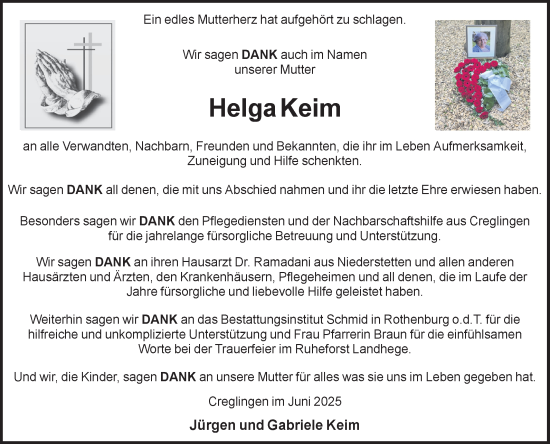 Traueranzeige von Helga Keim von Fränkische Nachrichten