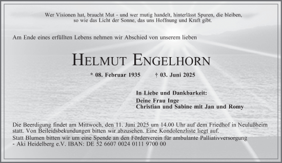 Traueranzeige von Helmut Engelhorn von Schwetzinger Zeitung