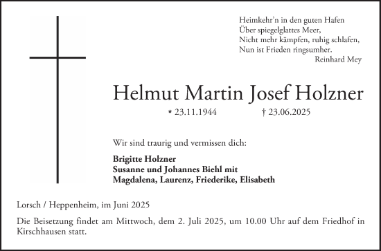 Traueranzeige von Helmut Martin Josef Holzner von Bergsträßer Anzeiger