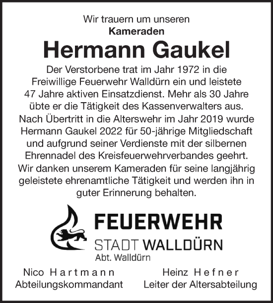 Traueranzeige von Hermann Gaukel von Fränkische Nachrichten