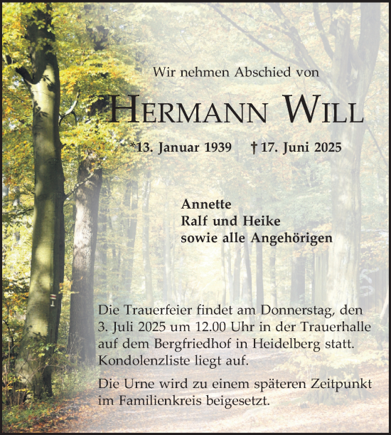 Traueranzeige von Hermann Will von Mannheimer Morgen