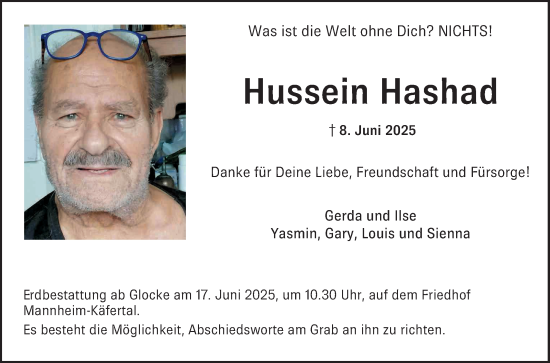 Traueranzeige von Hussein Hashad von Mannheimer Morgen