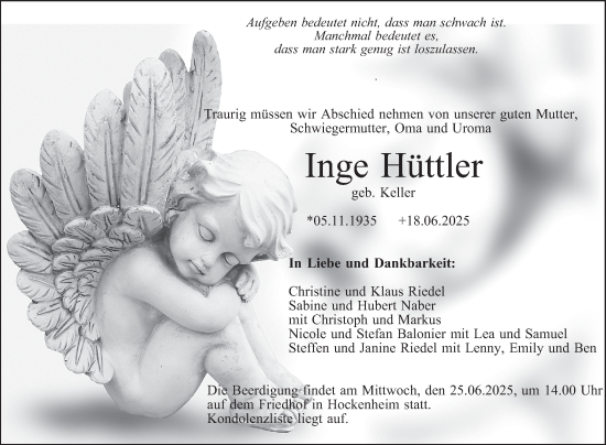 Traueranzeige von Inge Hüttler von Schwetzinger Zeitung