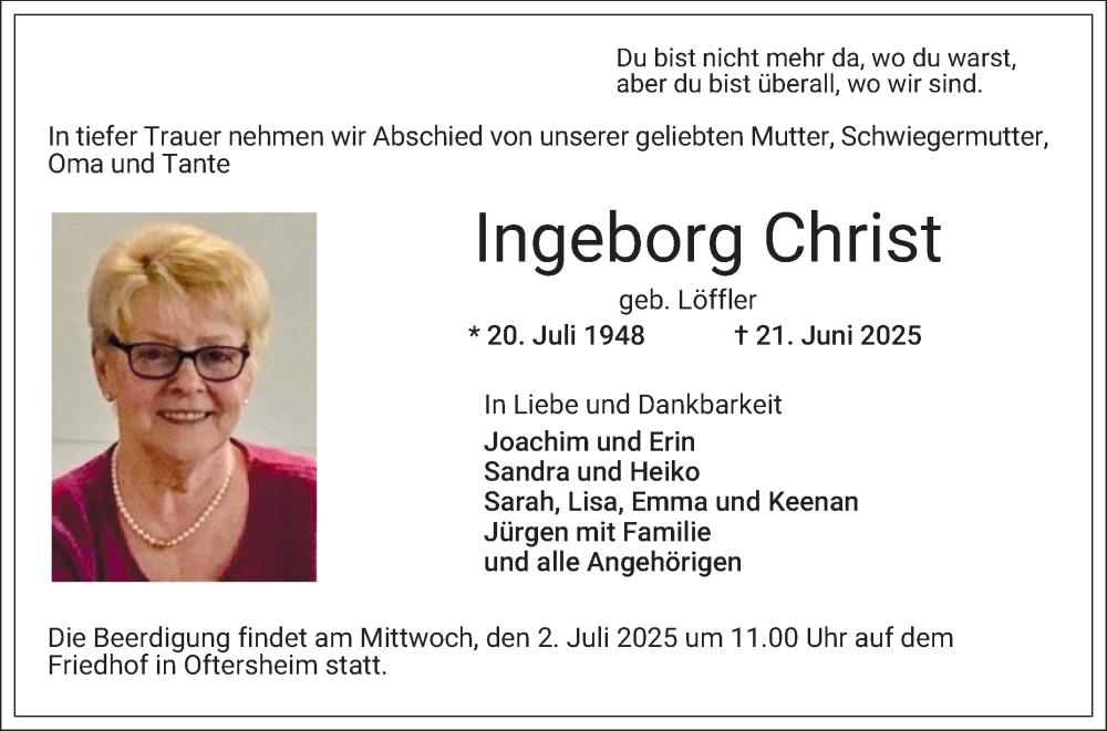  Traueranzeige für Ingeborg Christ vom 28.06.2025 aus Schwetzinger Zeitung