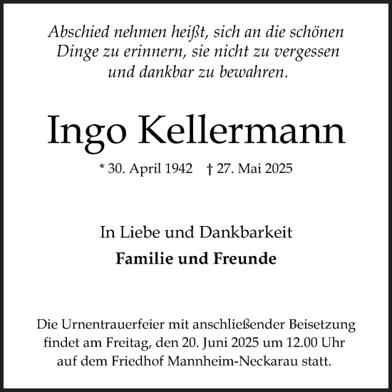 Traueranzeige von Ingo Kellermann von Mannheimer Morgen