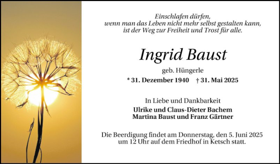 Traueranzeige von Ingrid Baust von Schwetzinger Zeitung