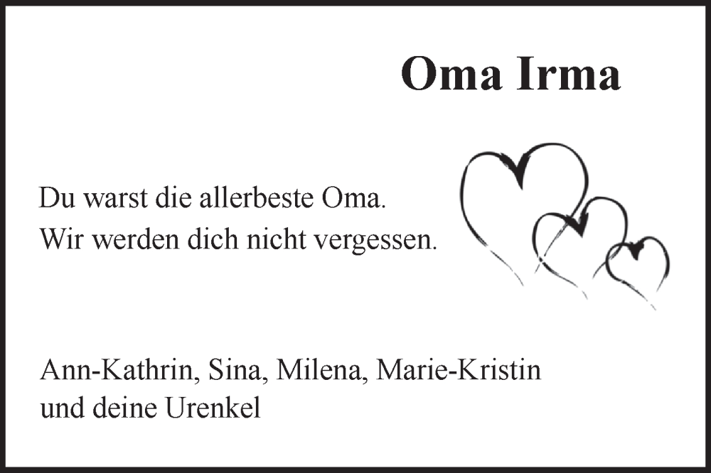  Traueranzeige für Irma  vom 24.06.2025 aus Fränkische Nachrichten