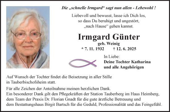 Traueranzeige von Irmgard Günter von Fränkische Nachrichten