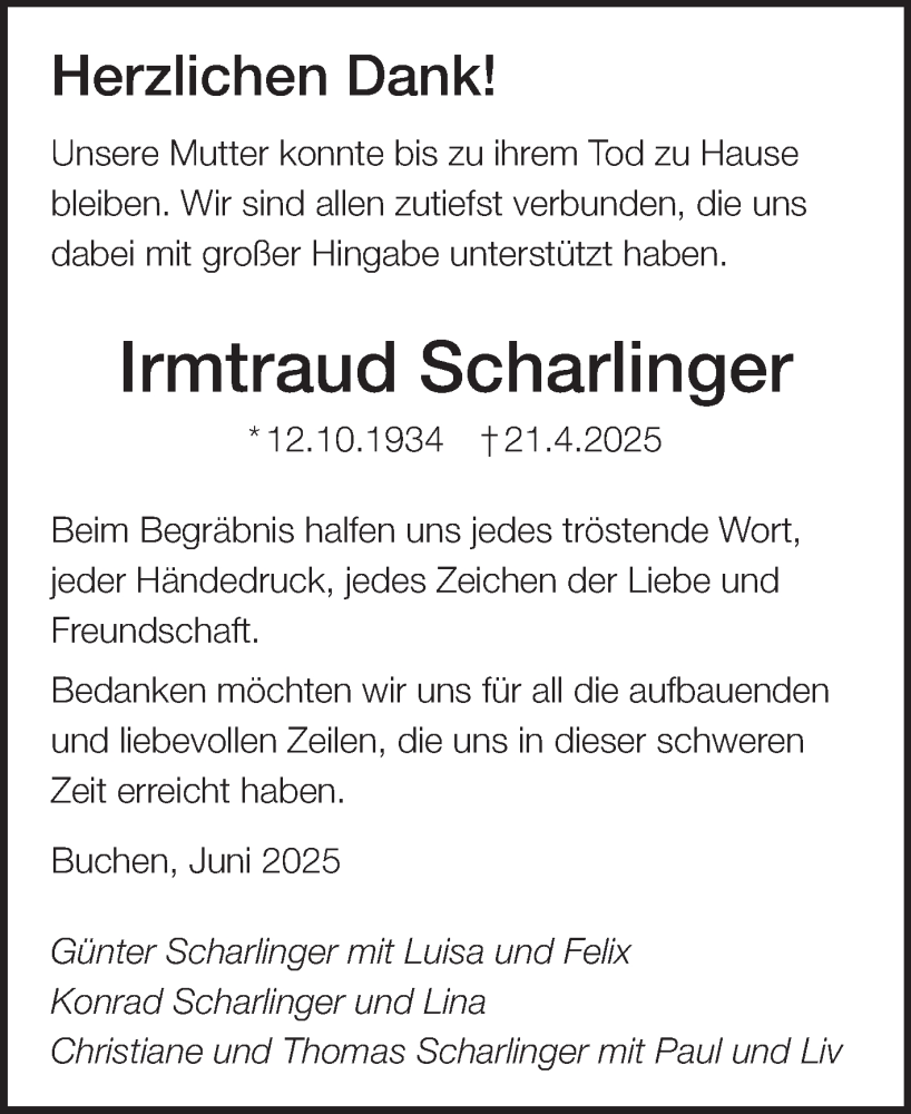  Traueranzeige für Irmtraud Scharlinger vom 14.06.2025 aus Fränkische Nachrichten