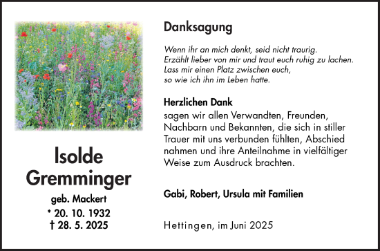 Traueranzeige von Isolde Gremminger von Fränkische Nachrichten