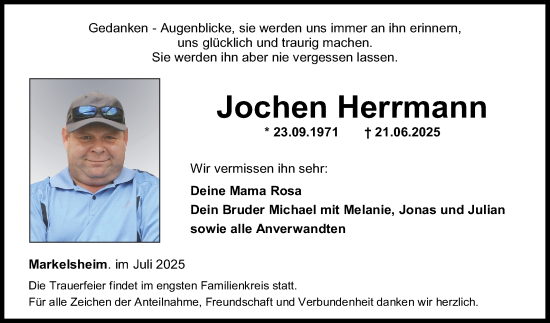 Traueranzeige von Jochen Herrmann von Fränkische Nachrichten