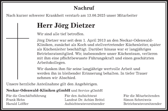 Traueranzeige von Jörg Dietzer von Fränkische Nachrichten