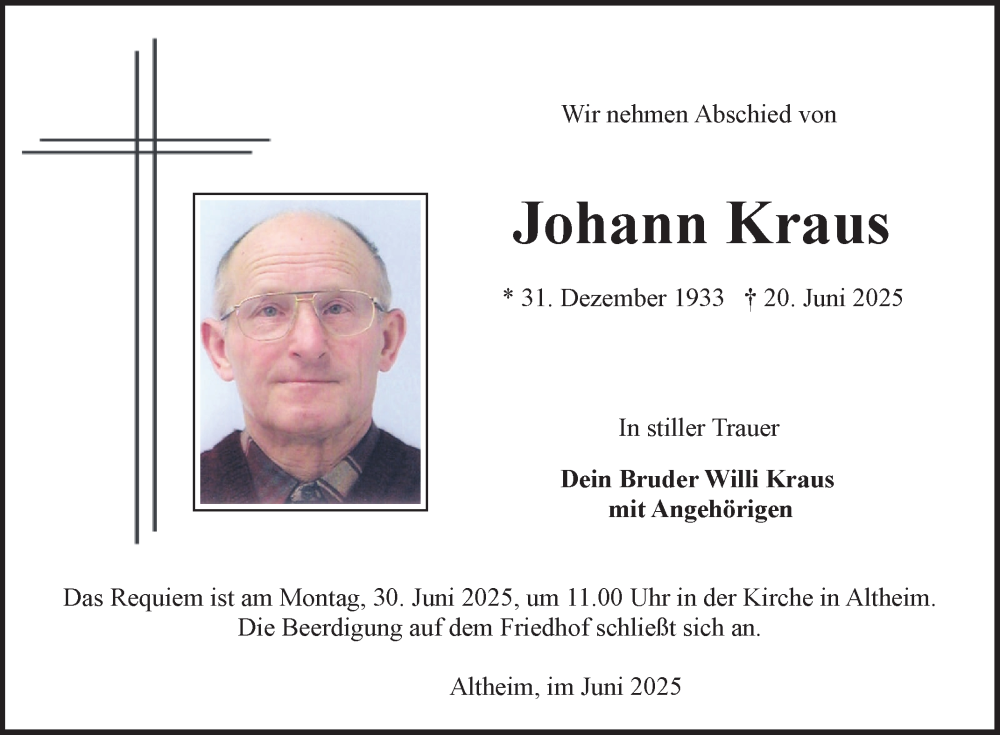  Traueranzeige für Johann Kraus vom 27.06.2025 aus Fränkische Nachrichten
