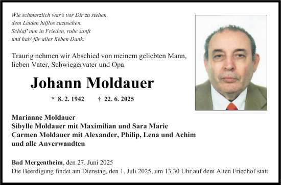 Traueranzeige von Johann Moldauer von Fränkische Nachrichten