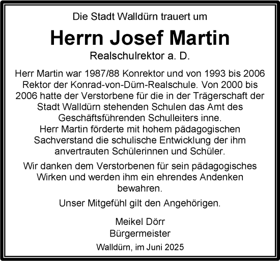Traueranzeige von Josef Martin von Fränkische Nachrichten