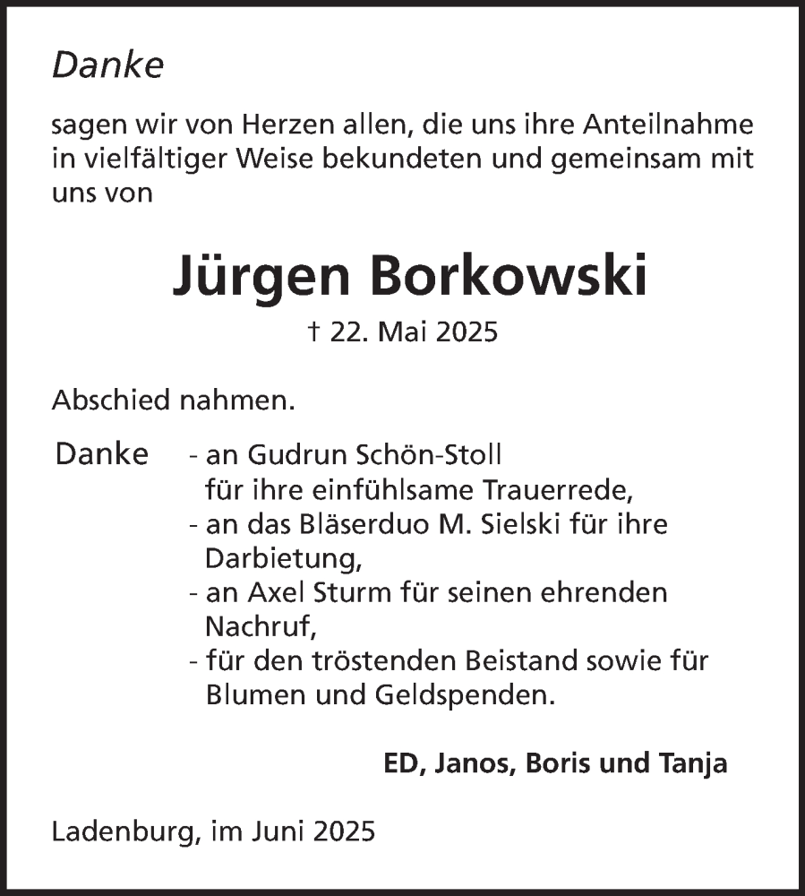  Traueranzeige für Jürgen Borkowski vom 21.06.2025 aus Mannheimer Morgen