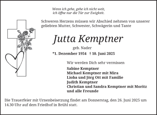 Traueranzeige von Jutta Kemptner von Schwetzinger Zeitung