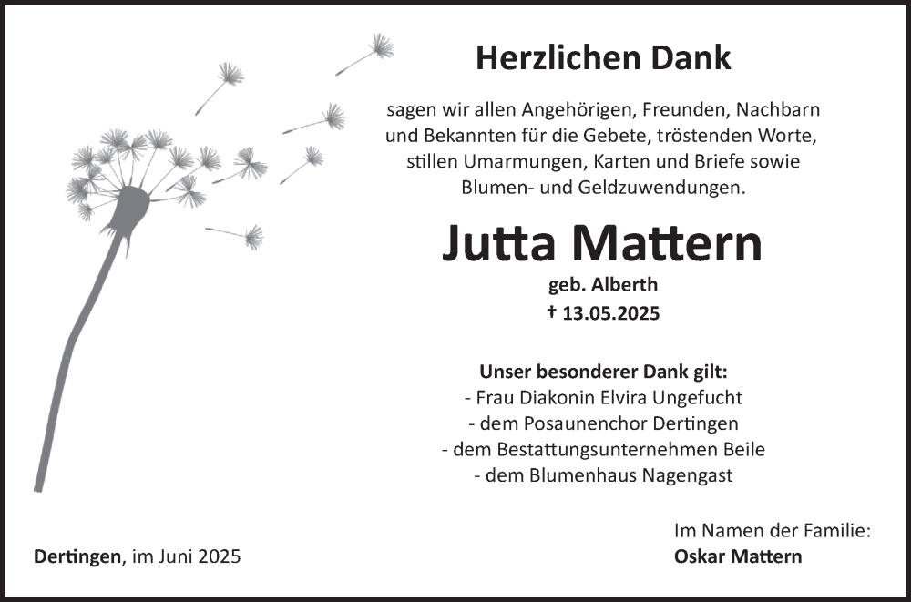  Traueranzeige für Jutta Mattern vom 07.06.2025 aus Fränkische Nachrichten