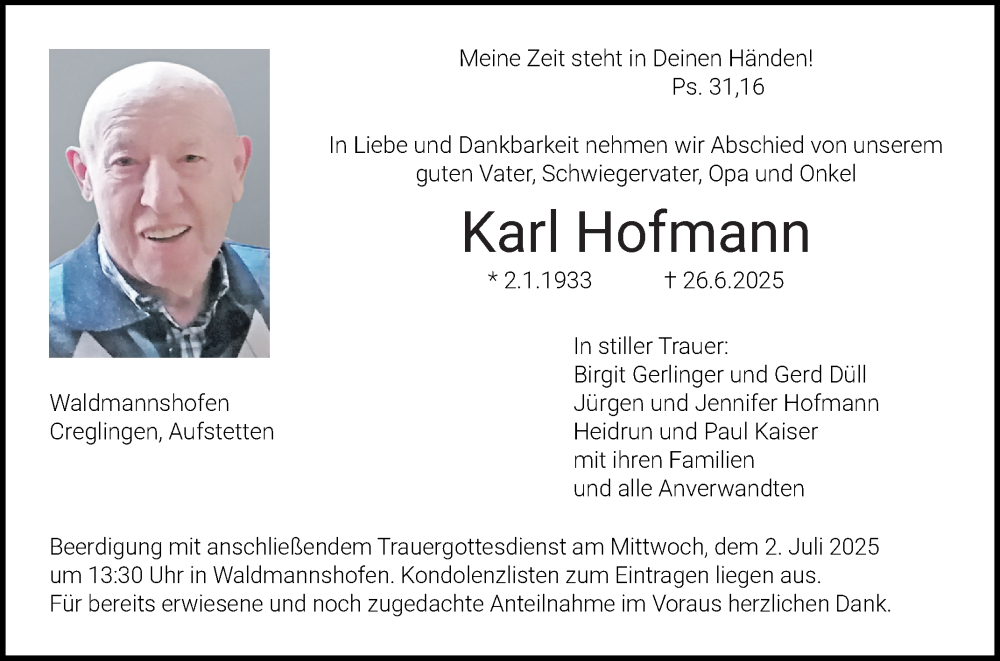  Traueranzeige für Karl Hofmann vom 28.06.2025 aus Fränkische Nachrichten