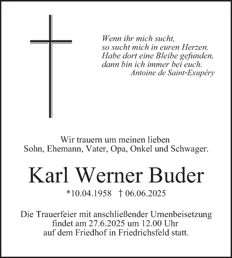  Traueranzeige für Karl Werner Buder vom 21.06.2025 aus Mannheimer Morgen