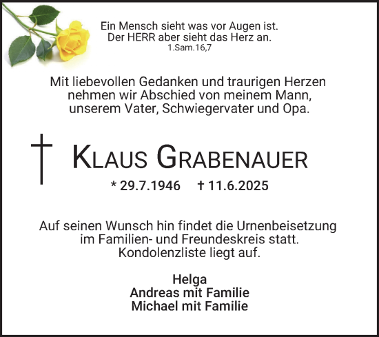 Traueranzeige von Klaus Grabenauer von Mannheimer Morgen