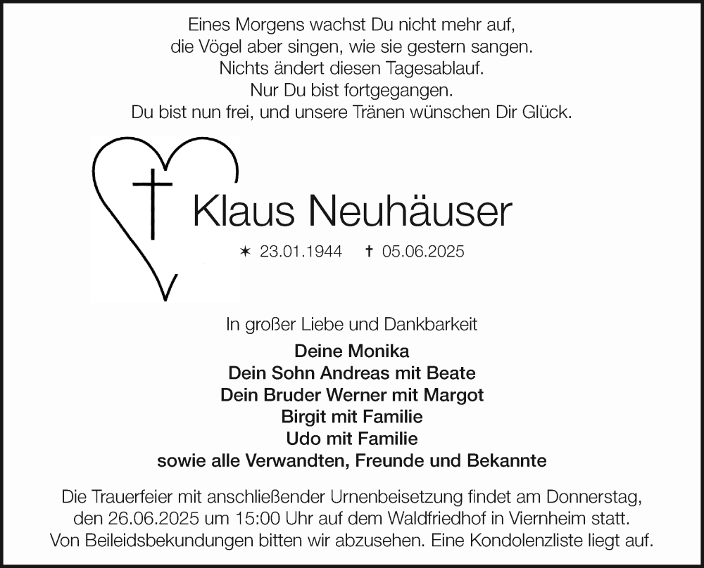  Traueranzeige für Klaus Neuhäuser vom 21.06.2025 aus Mannheimer Morgen