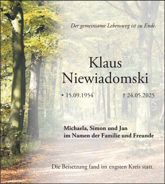 Traueranzeige von Klaus Niewiadomski von Bergsträßer Anzeiger