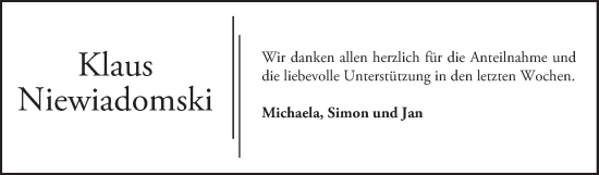 Traueranzeige von Klaus Niewiadomski von Bergsträßer Anzeiger
